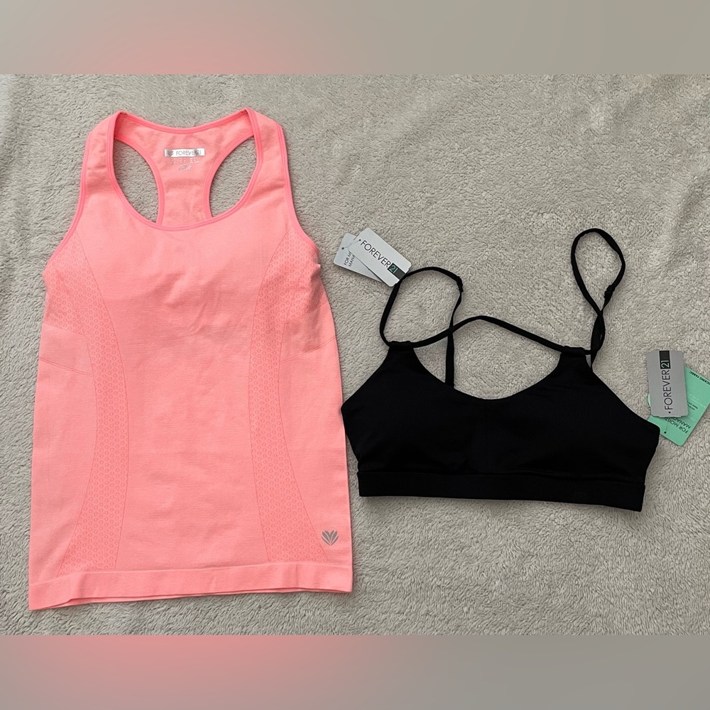 Forever 21 Peach Pink Tank and Black Sports Bra Set Bundle Brand New NWT